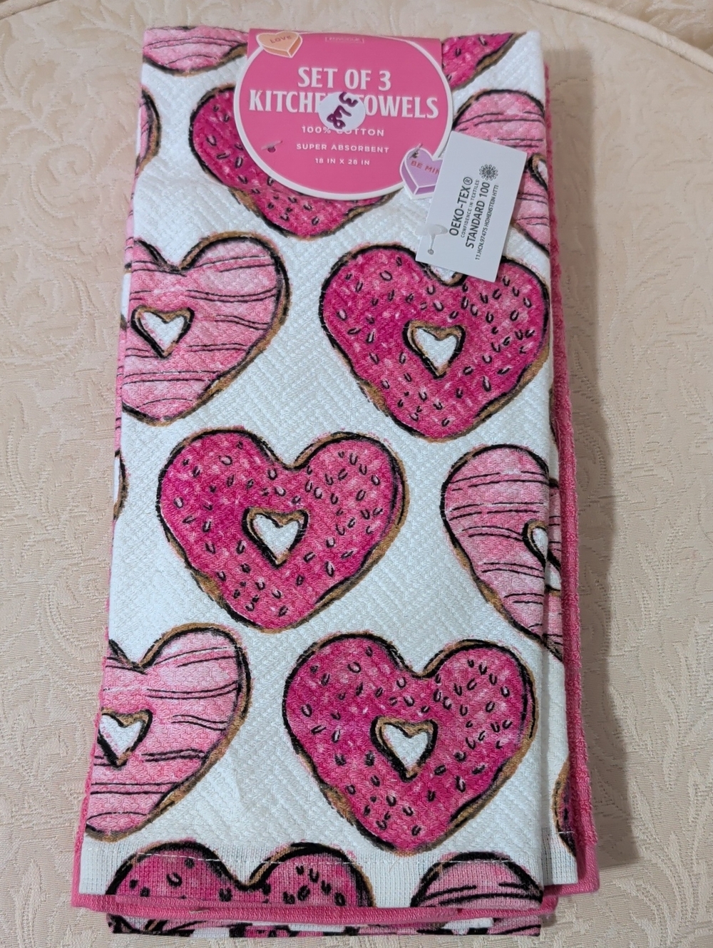Envogue Pink Heart Donut Kitchen Towels - Set of 3